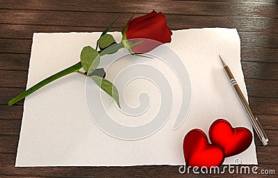 Romantic letter with rose, red hearts on wooden table