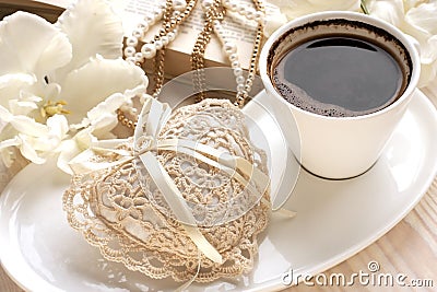 Romantic set with flowers and coffee