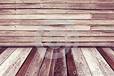 Room interior with old wooden wall and wood floor background, wi