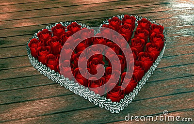 Rose flowers in a heart shape on wooden table