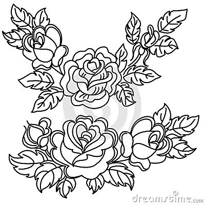 Roses, flowers and leaves. Black-and-white drawing.