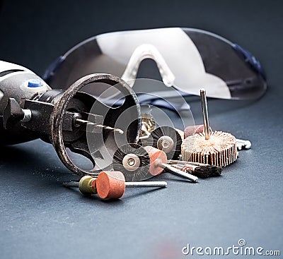 Rotary tools with accessory and safety equipment goggles