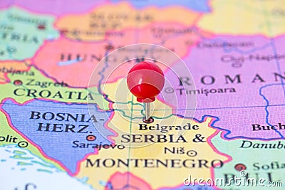 Red Pushpin on Map of Serbia