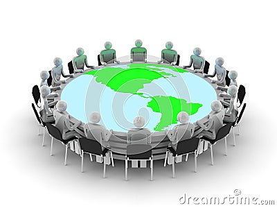 round table discussion royalty generated discussing problems sitting concept computer global around 3d men some