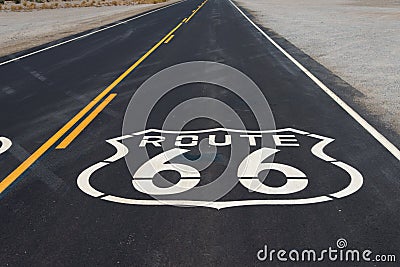 Route 66 highway shield painted on road in California