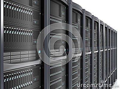 Row of blade server system on white background