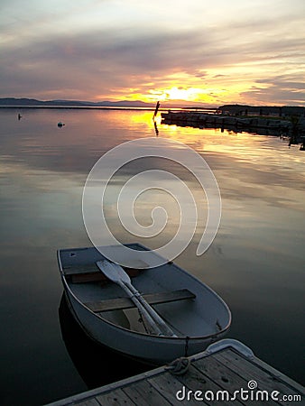 A row boat at sunset