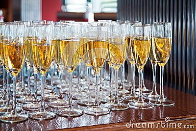 Row glasses of champagne for party, event in restaurant