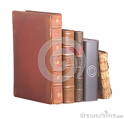 Row of old leather bound books and a hard drive