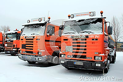 Row of Orange Scania Trucks