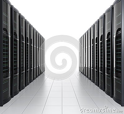 Rows of blade server system on white background