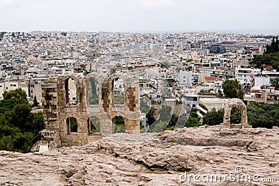 Ruins of the old city on the background of the new. Athens, Greece,.