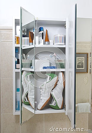 Running shoes in medicine cabinet