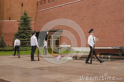 Russian soldier honor guard at the Kremlin wall. Tomb of the Unknown Soldier in Alexander Garden in Moscow.