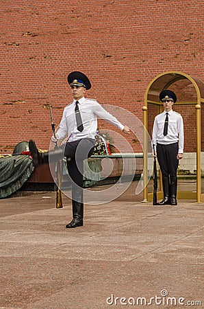 Russian soldier honor guard at the Kremlin wall. Tomb of the Unknown Soldier in Alexander Garden in Moscow.