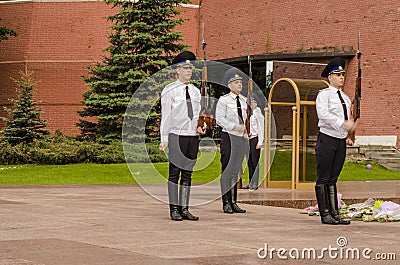 Russian soldier honor guard at the Kremlin wall. Tomb of the Unknown Soldier in Alexander Garden in Moscow.