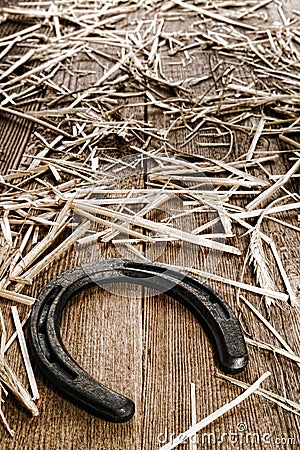 Rustic Horseshoe on Old Wood Barn Floor with Straw