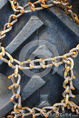 Rusty chains on vehicle close-up