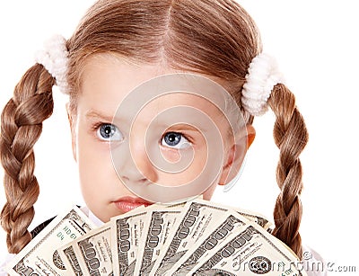 Sad child with money dollar.