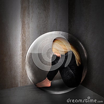 Sad Depressed Woman in Dark Bubble