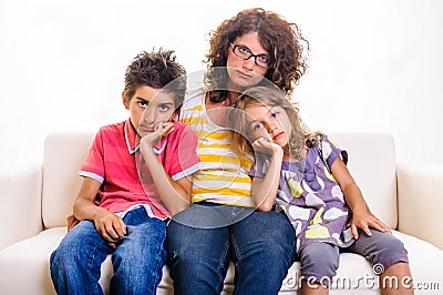 Sad family woman with children