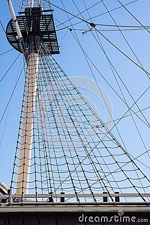 Shrouds and crow`s nest of the sail boat on the blue sky background.