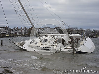 sailboat washed ashore after a Nor'easter storm in Nantucket during 