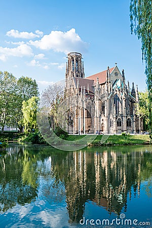 Saint Johns protestant church over the Fire lake in Stuttgart, Germany