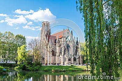 Saint Johns protestant church over the Fire lake in Stuttgart, Germany