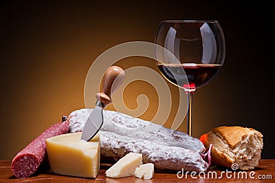 Salami, cheese and wine