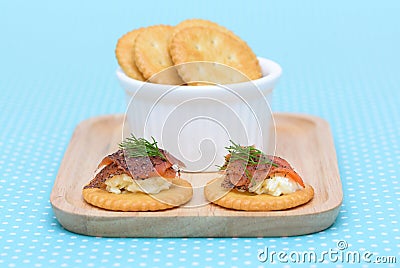 Salmon cream cheese biscuit on vintage background