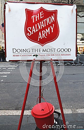 Salvation Army red kettle for collections in midtown Manhattan