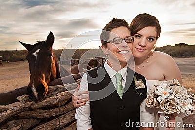 Same Sex Newlyweds with Horse