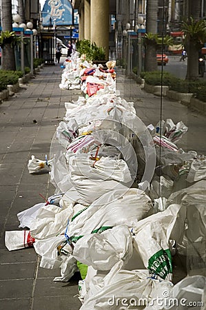 Sandbags for flooding prevention at Silom Road