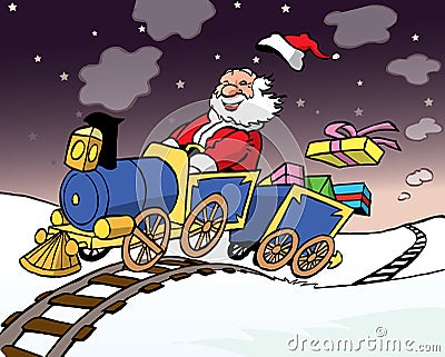 Santa Claus driving a train with gifts