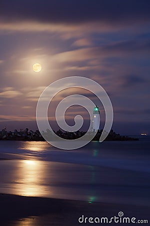 Santa Cruz harbor lighthouse by night