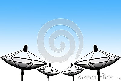 Satellite dish silhouettes and blue sky background