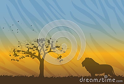 Savanne landscape with silhouette of lion