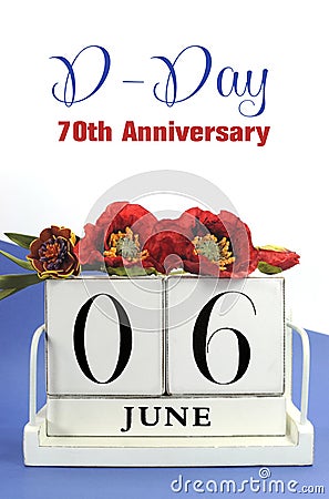 Save the date vintage retro wood calendar for June 6, D-Day 70th Anniversary, with Flanders poppies, and sample text