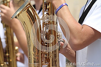 Saxophone being played in a small town parade in America