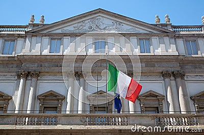 Scala theater & italian flag in Milan Italy