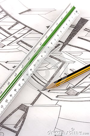 A scale ruler and pencil on a technical drawing