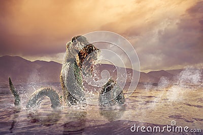 Scary Loch Ness Monster emerging from water