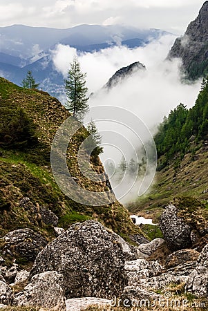 Scenic misty morning in the mountains landscape