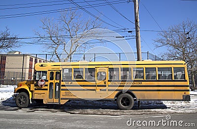 School bus in the front of public school in Brooklyn