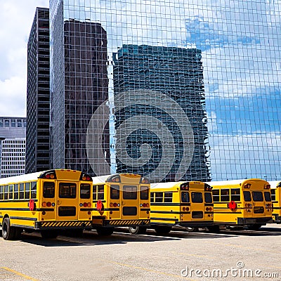 School bus row at Houston skyline photo mount