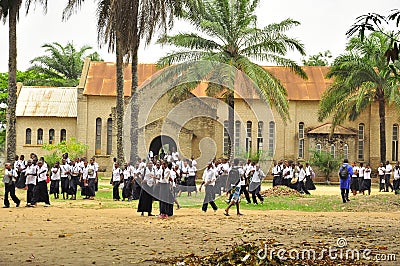 School children in africa outside church