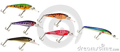School of colorful fishing lures, isolated on white.