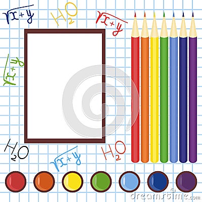 School frame with pencils and paints