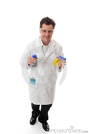 Scientist carrying lab bottles